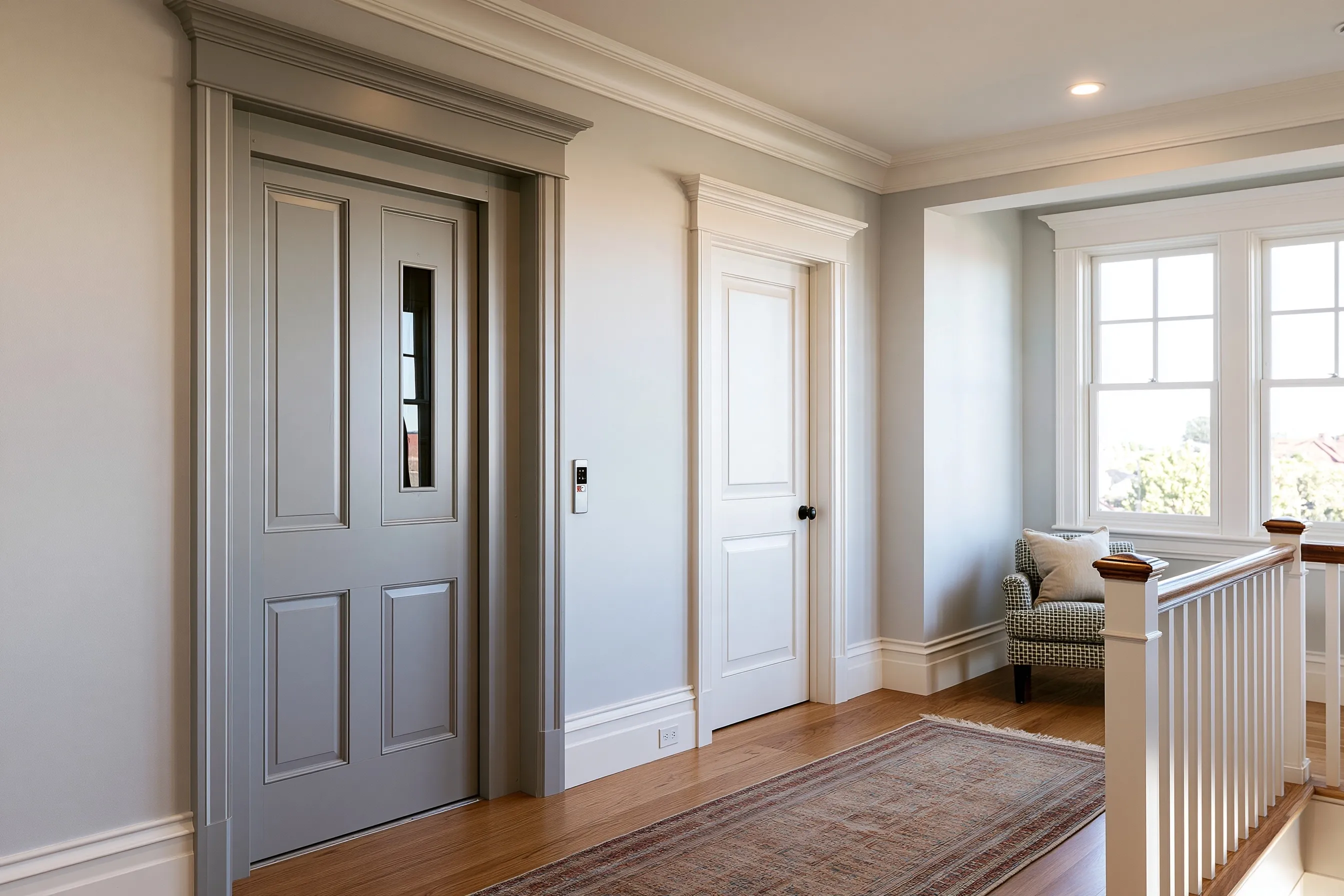 Painted elevator door with a slim glass slot and a call button on an upstairs hall wall, oak boards and a long rug in front