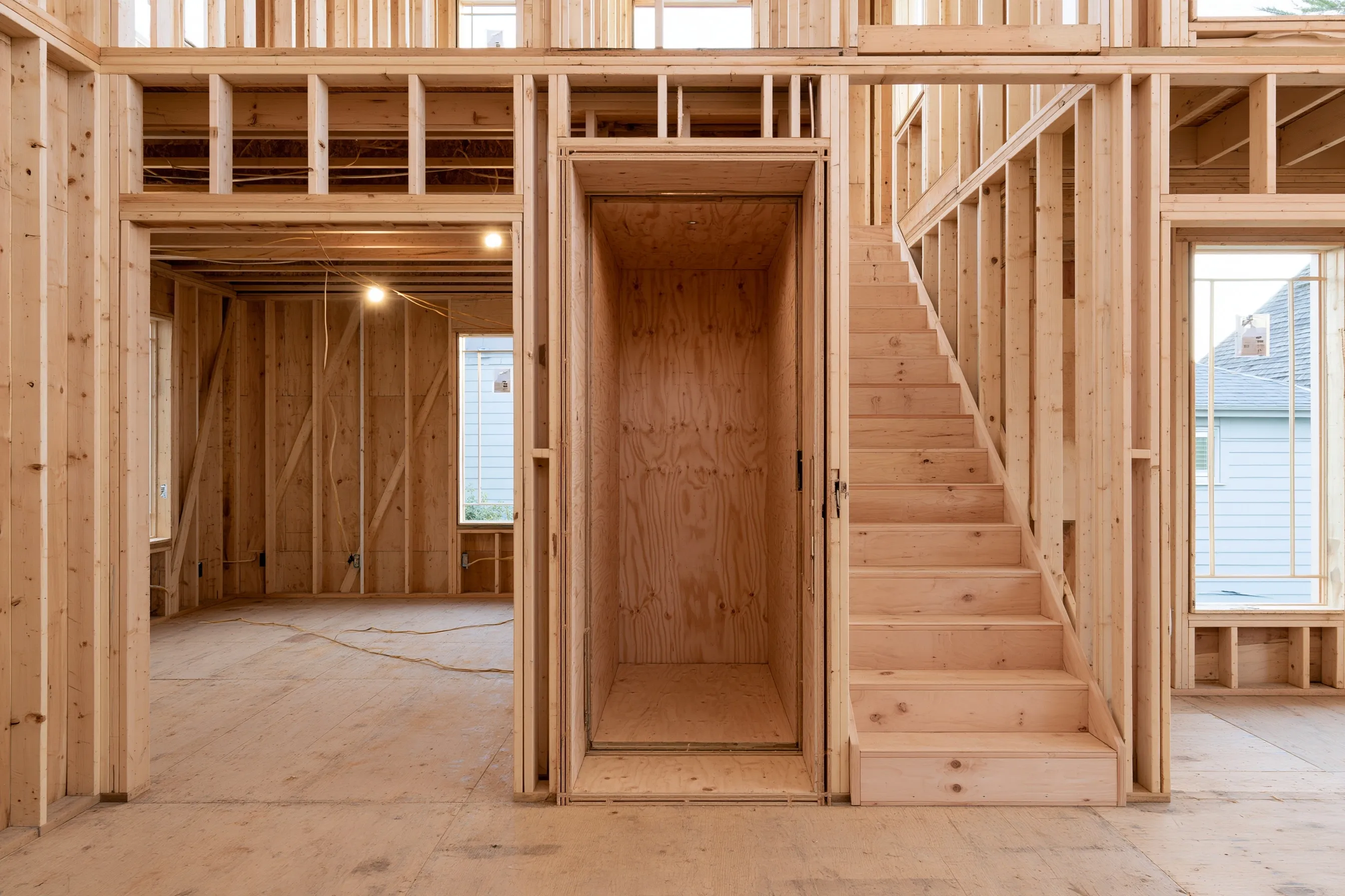 Framing stage of a new house: open studs, a plywood subfloor and a plywood-lined elevator shaft standing empty next to the raw stair