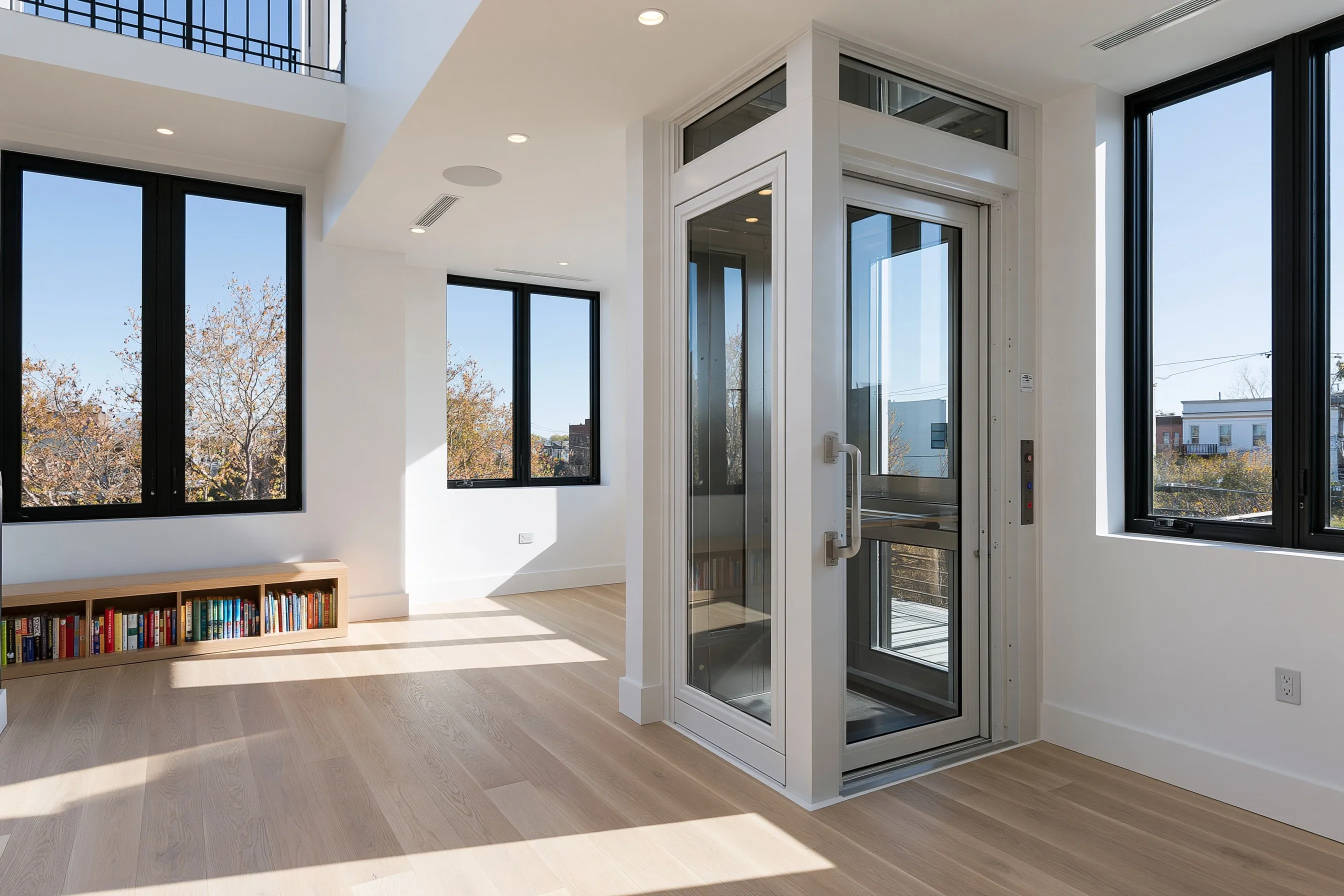 Third-level room of a new house with a glass-door elevator, deck boards visible through the cab, a loft railing overhead and low buildings outside